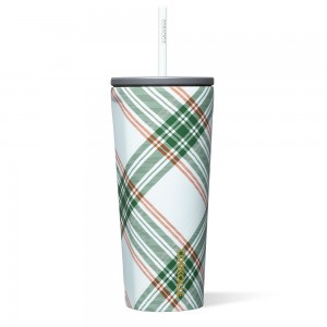 Peppermint Plaid Corkcicle 24oz Holiday Cold Cup Insulated Tumbler With Straw Water Bottle | ALSYV-9543