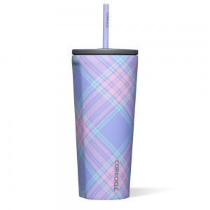 Springtime Plaid Corkcicle 24oz Cold Cup Insulated Tumbler With Straw Water Bottle | JPMKS-3492