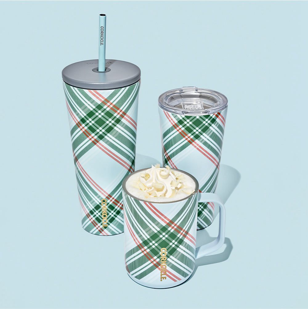 Peppermint Plaid Corkcicle 24oz Holiday Cold Cup Insulated Tumbler With Straw Water Bottle | ALSYV-9543